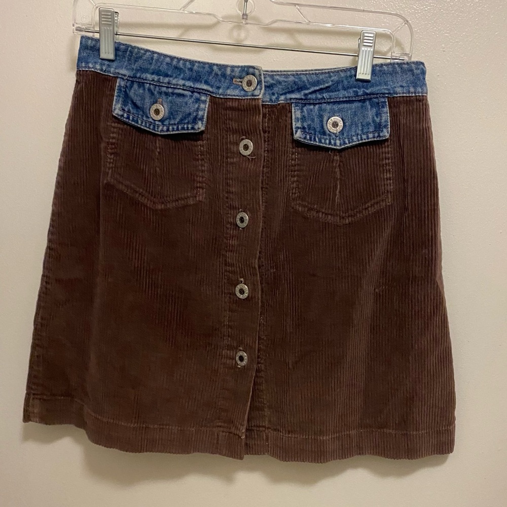 Vtg 90’s Grass Raggs Womens Mini Skirt Size 9 10 28” Brown Corduroy Blue Denim
